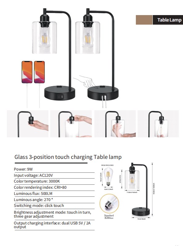 Glass 3-Position Touch Charging Table Lamp